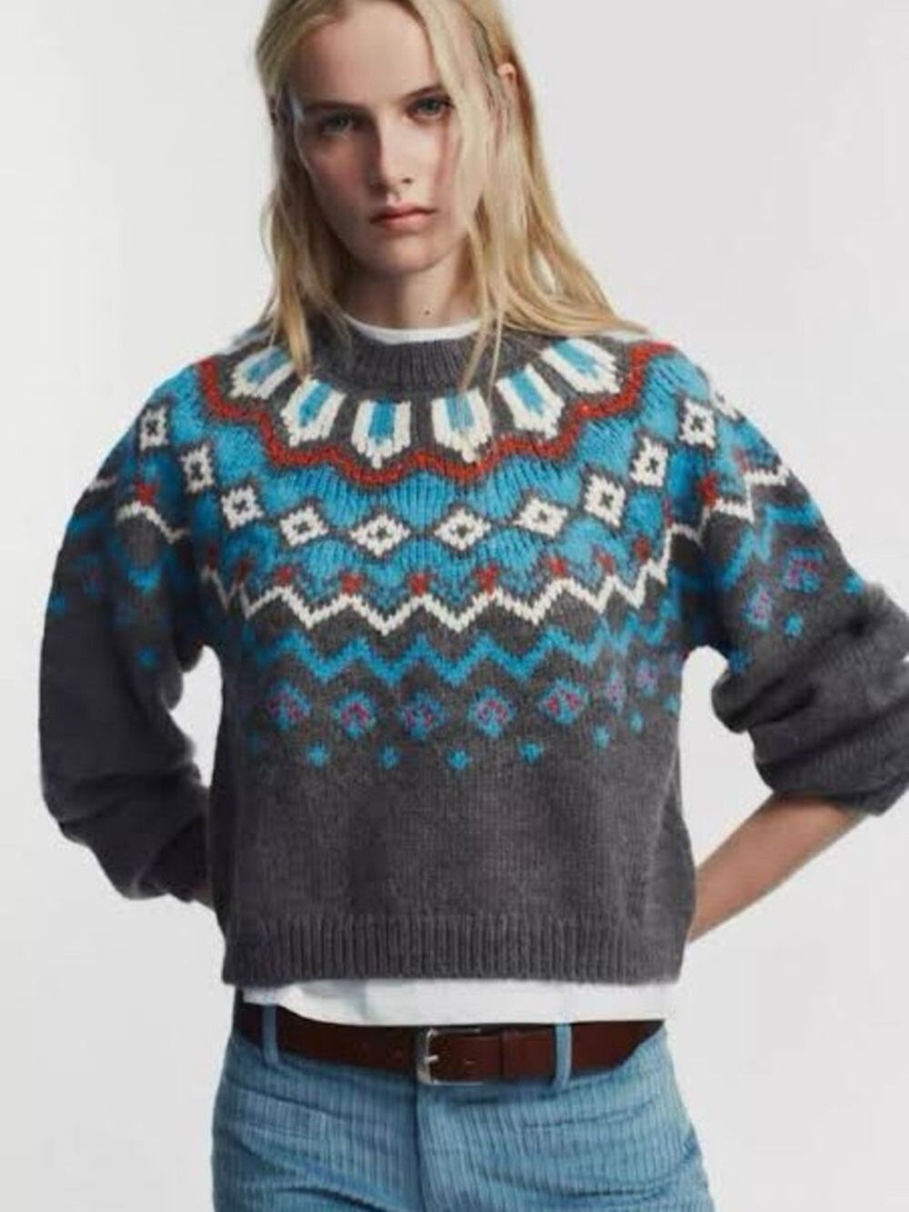 NWOT ZARA ZW collection Fair Isle Jacquard Knit Sweater Size M